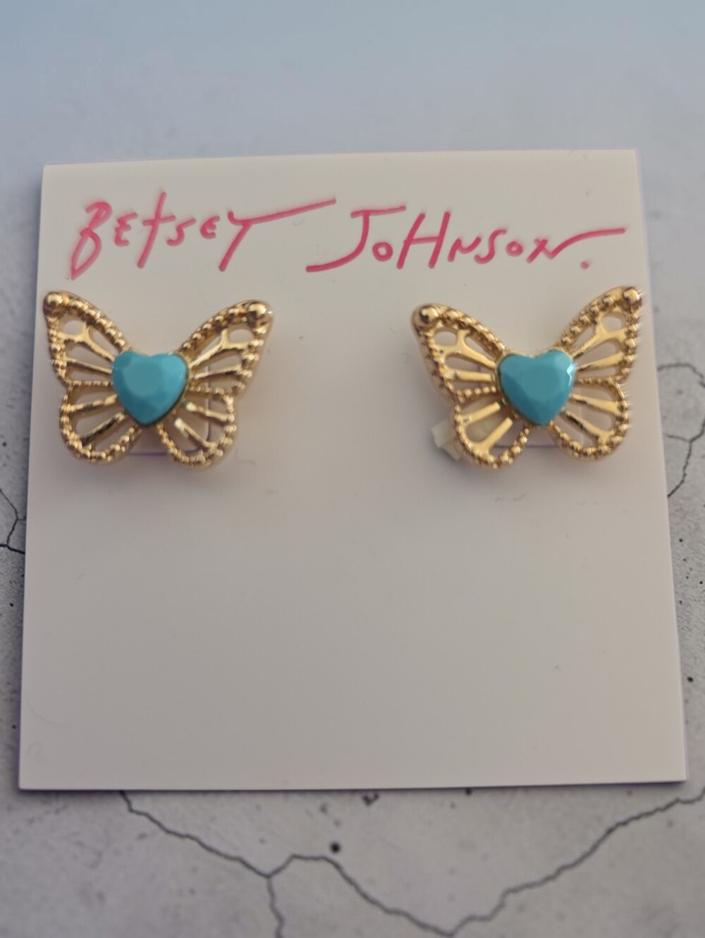 Betsey Johnson Gold Butterfly Earrings with Turquoise Hearts